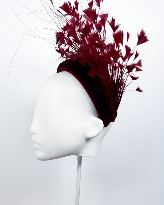 Burgundy Velvet Feather Spray Padded Headband - BY⭑SHIMMER