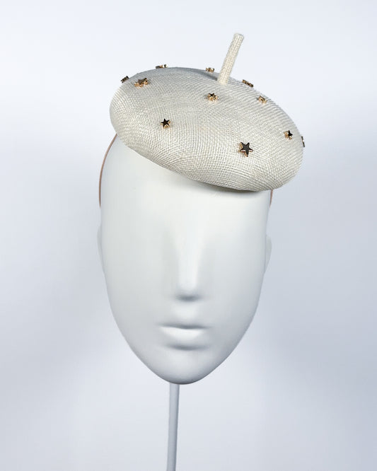 Ivory Sinamay Button Beret with Gold Star Beading - BY⭑SHIMMER