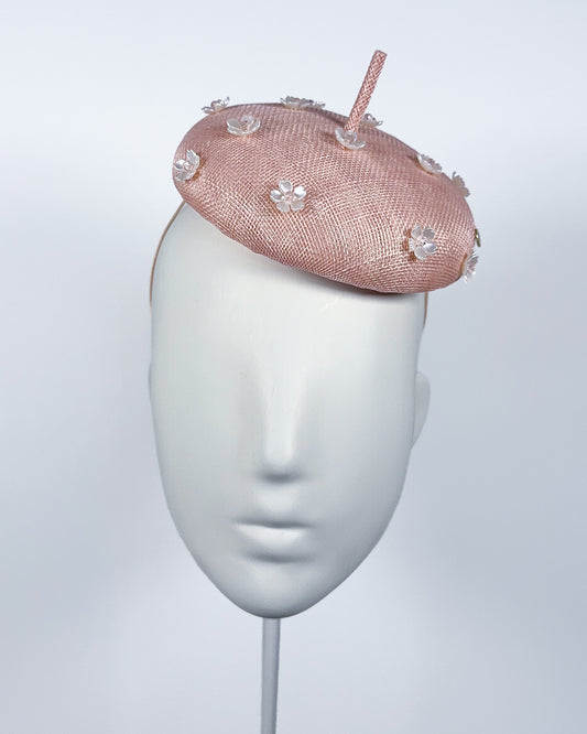 Pale Pink Sinamay Button Beret with Flower Beading - BY⭑SHIMMER