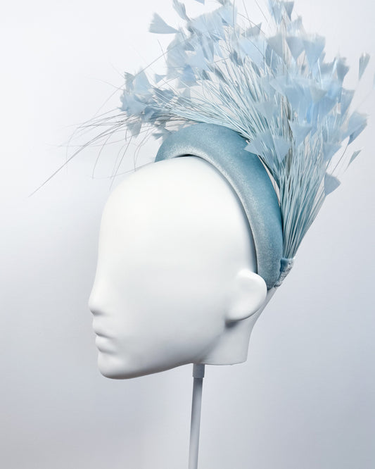 Pale Blue Velvet Feather Spray Padded Headband - BY⭑SHIMMER