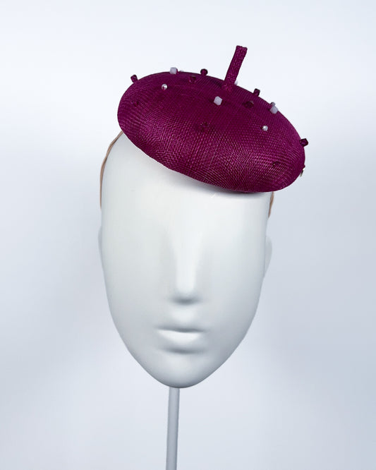 Fuchsia Pink Sinamay Button Beret with Swarovski Beading - BY⭑SHIMMER