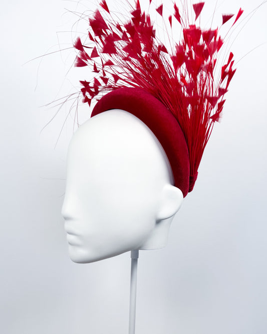 Red Velvet Feather Spray Padded Headband - BY⭑SHIMMER