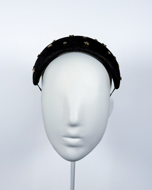 Black Sinamay Bandeau with Gold Star Beading - BY⭑SHIMMER