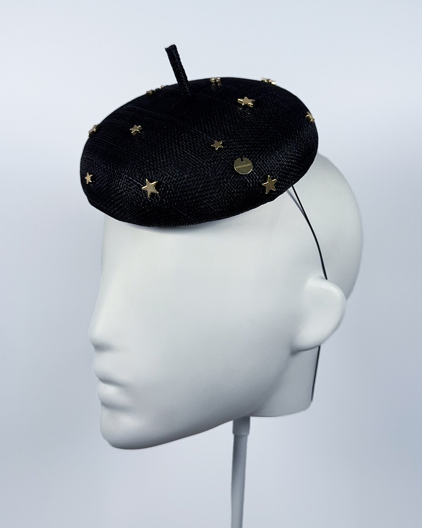 Black Sinamay Button Beret with Gold Star Beading - BY⭑SHIMMER