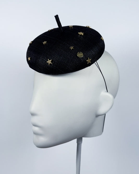 Black Sinamay Button Beret with Gold Star Beading - BY⭑SHIMMER
