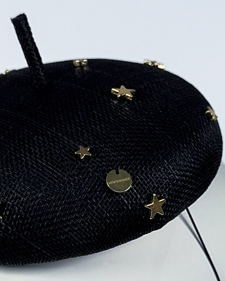 Black Sinamay Button Beret with Gold Star Beading - BY⭑SHIMMER