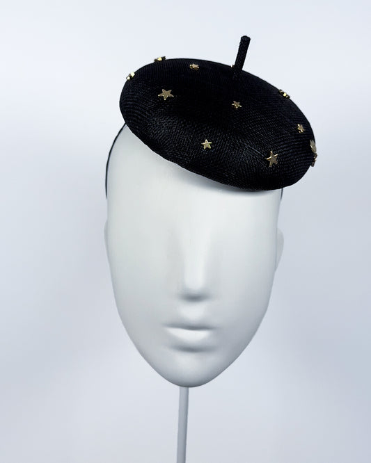 Black Sinamay Button Beret with Gold Star Beading - BY⭑SHIMMER