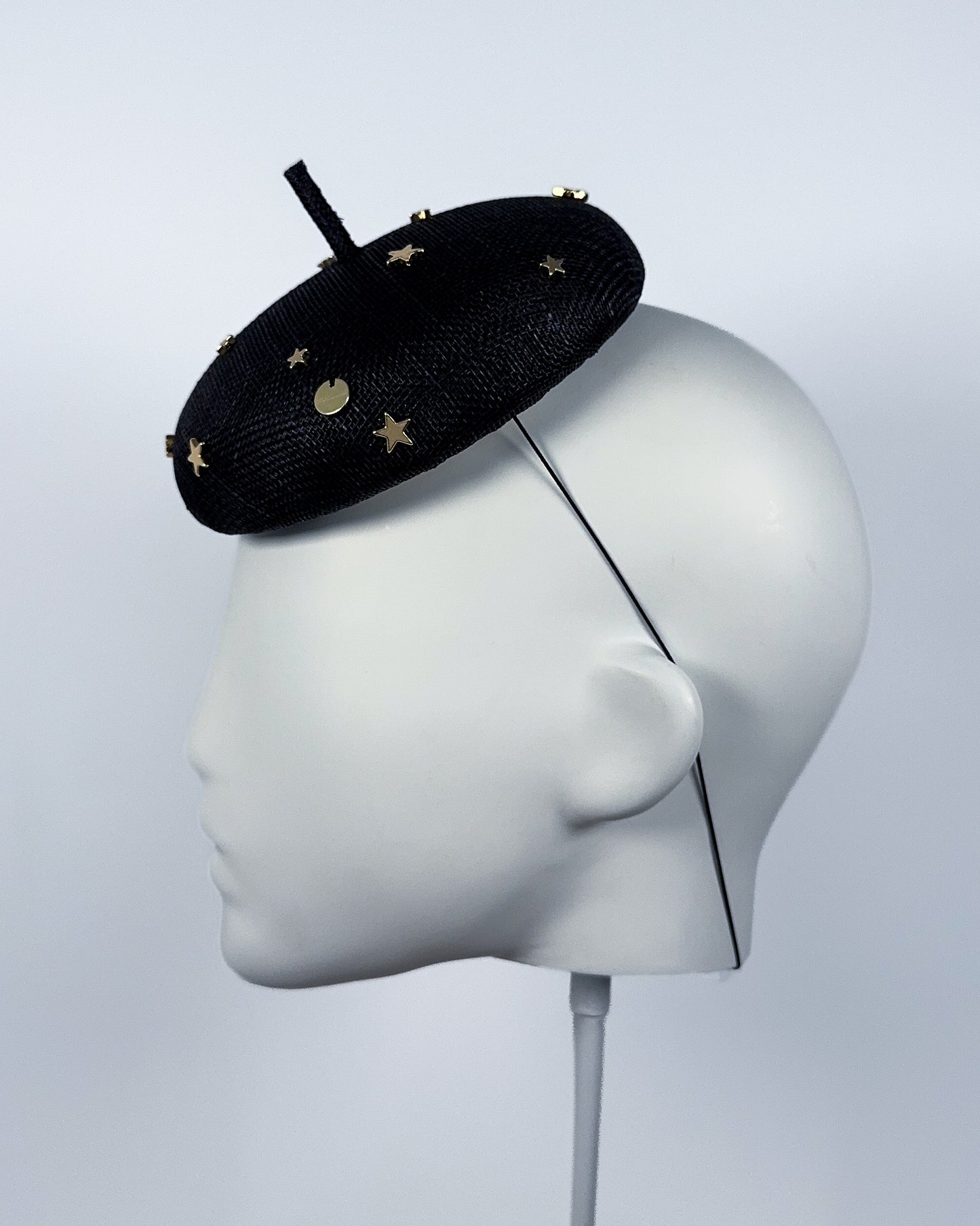 Black Sinamay Button Beret with Gold Star Beading - BY⭑SHIMMER