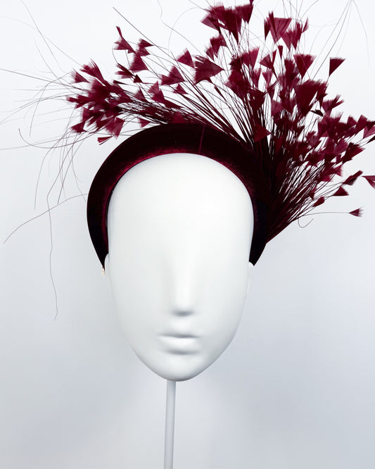 Burgundy Velvet Feather Spray Padded Headband - BY⭑SHIMMER