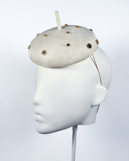 Ivory Sinamay Button Beret with Gold Star Beading - BY⭑SHIMMER