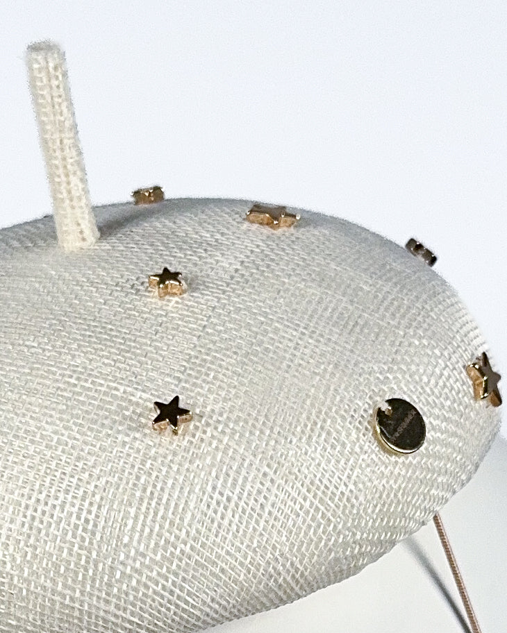 Ivory Sinamay Button Beret with Gold Star Beading - BY⭑SHIMMER