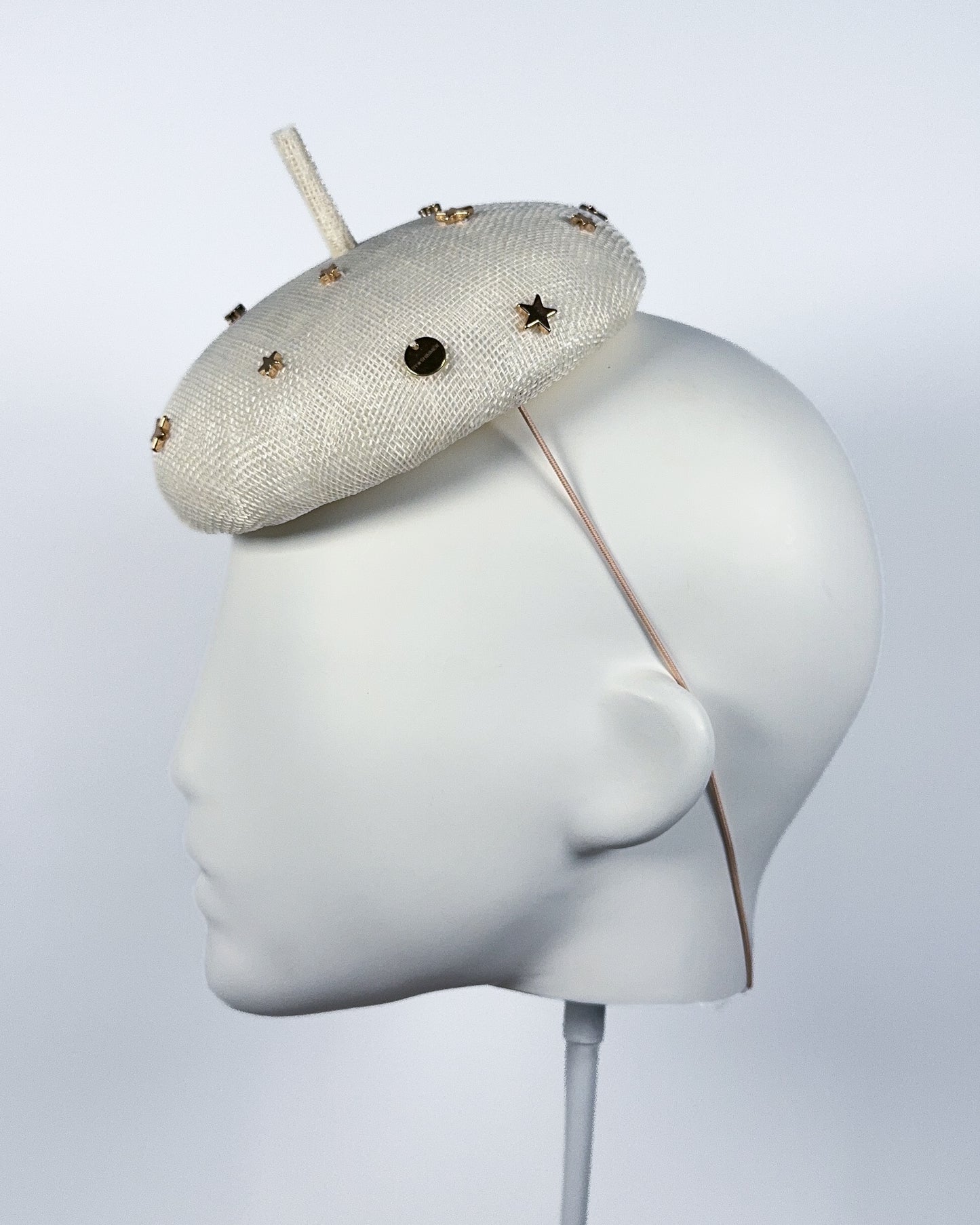 Ivory Sinamay Button Beret with Gold Star Beading - BY⭑SHIMMER