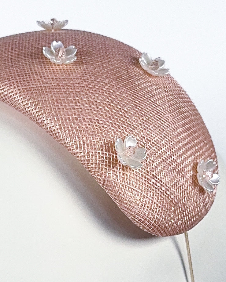 Pale Pink Sinamay Bandeau with Flower Beading - BY⭑SHIMMER