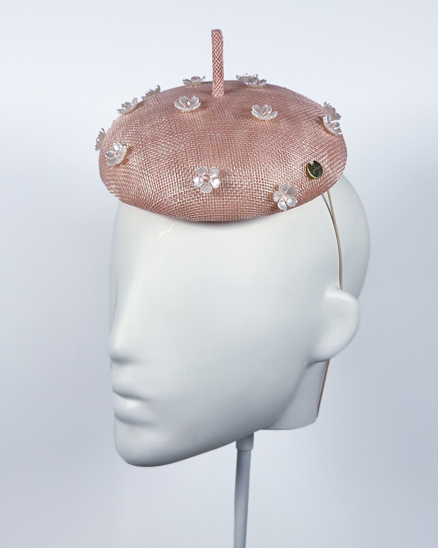 Pale Pink Sinamay Button Beret with Flower Beading - BY⭑SHIMMER