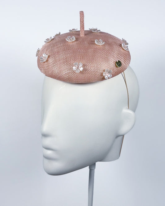 Pale Pink Sinamay Button Beret with Flower Beading - BY⭑SHIMMER