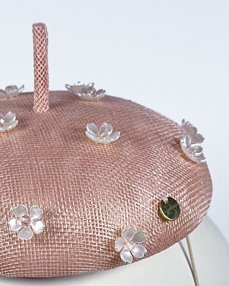 Pale Pink Sinamay Button Beret with Flower Beading - BY⭑SHIMMER