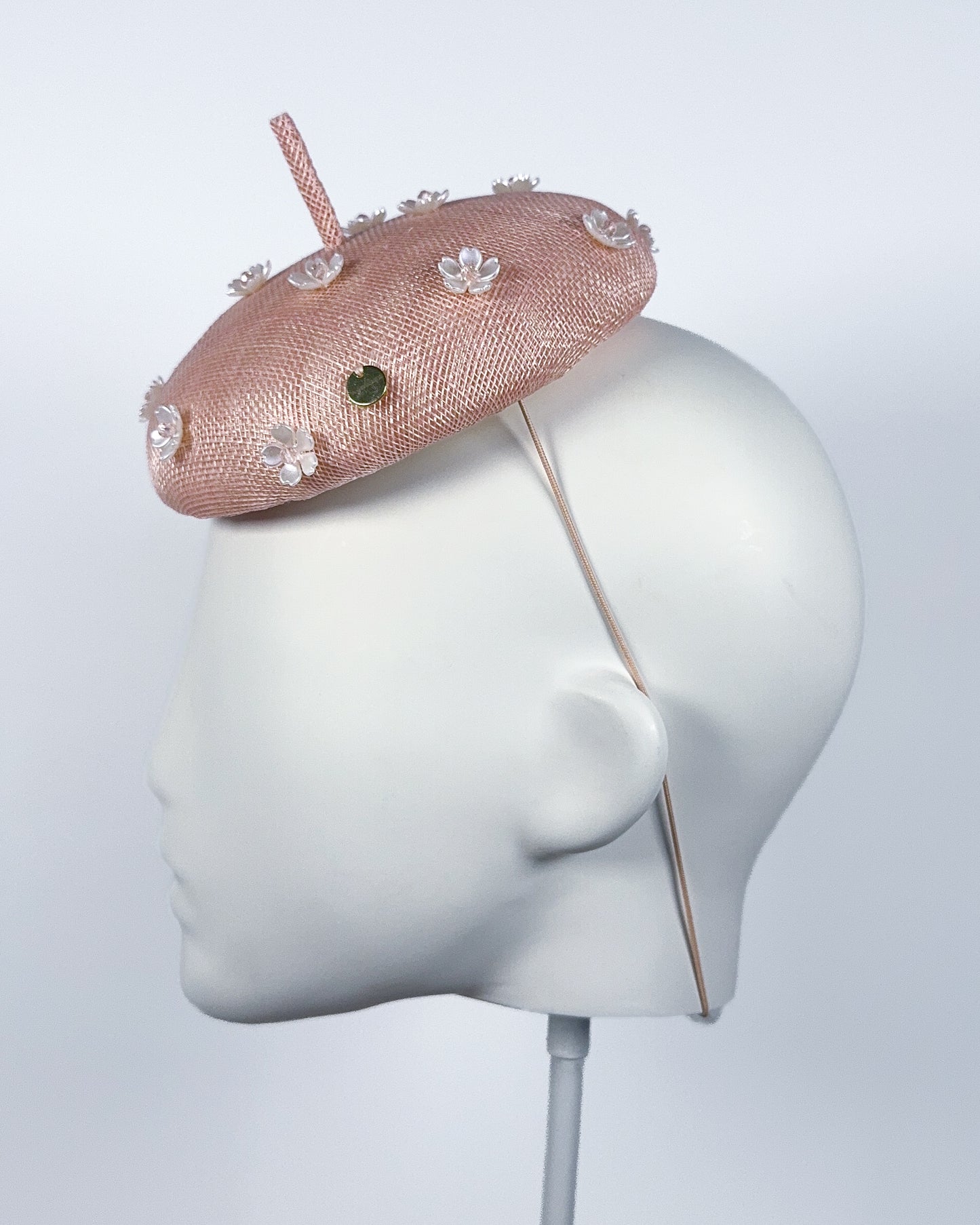 Pale Pink Sinamay Button Beret with Flower Beading - BY⭑SHIMMER