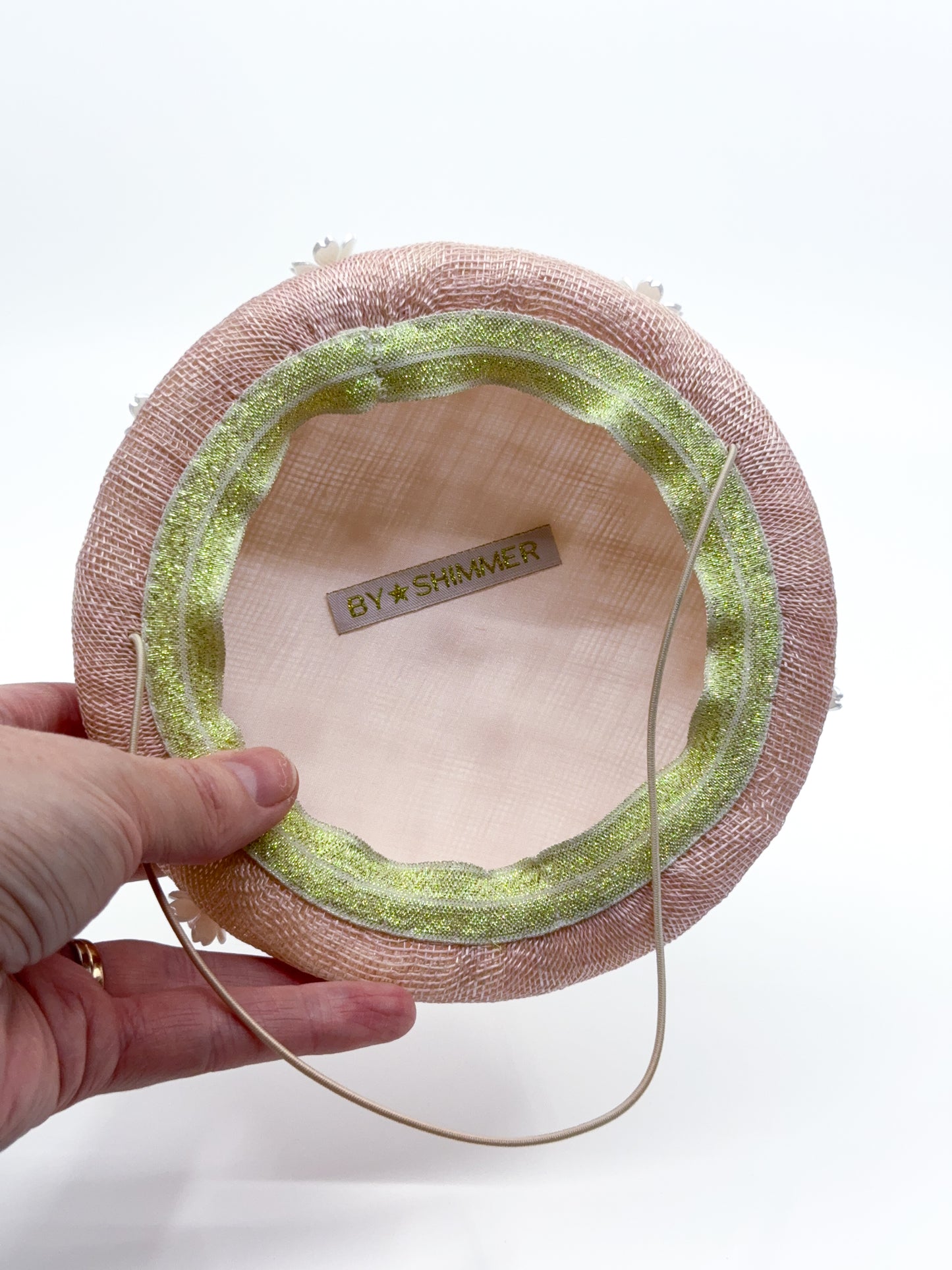 Pale Pink Sinamay Button Beret with Flower Beading - BY⭑SHIMMER
