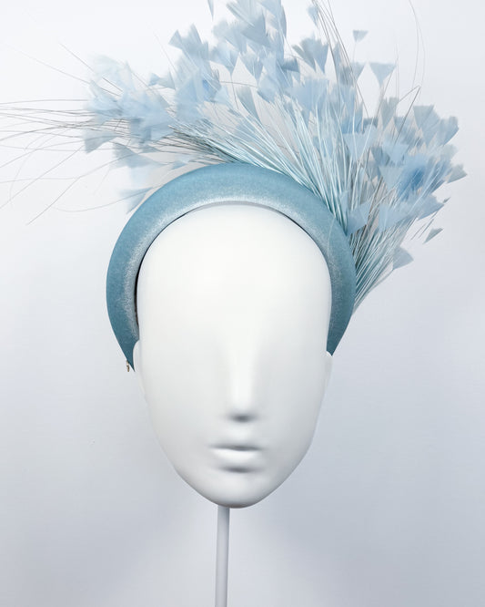 Pale Blue Velvet Feather Spray Padded Headband - BY⭑SHIMMER