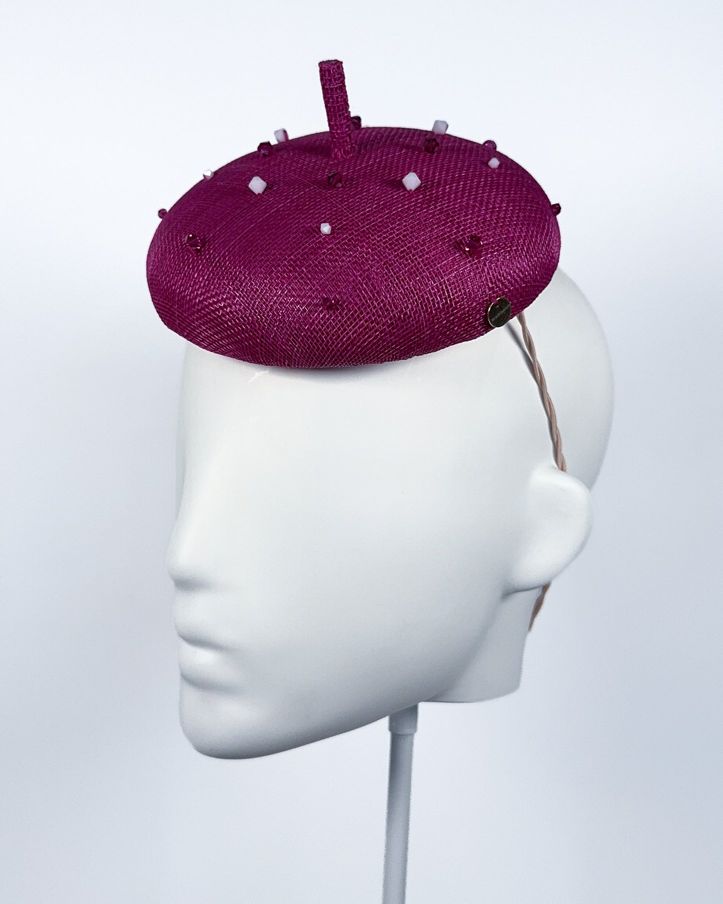Fuchsia Pink Sinamay Button Beret with Swarovski Beading - BY⭑SHIMMER