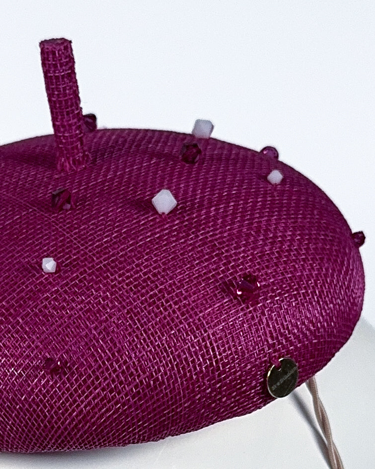 Fuchsia Pink Sinamay Button Beret with Swarovski Beading - BY⭑SHIMMER