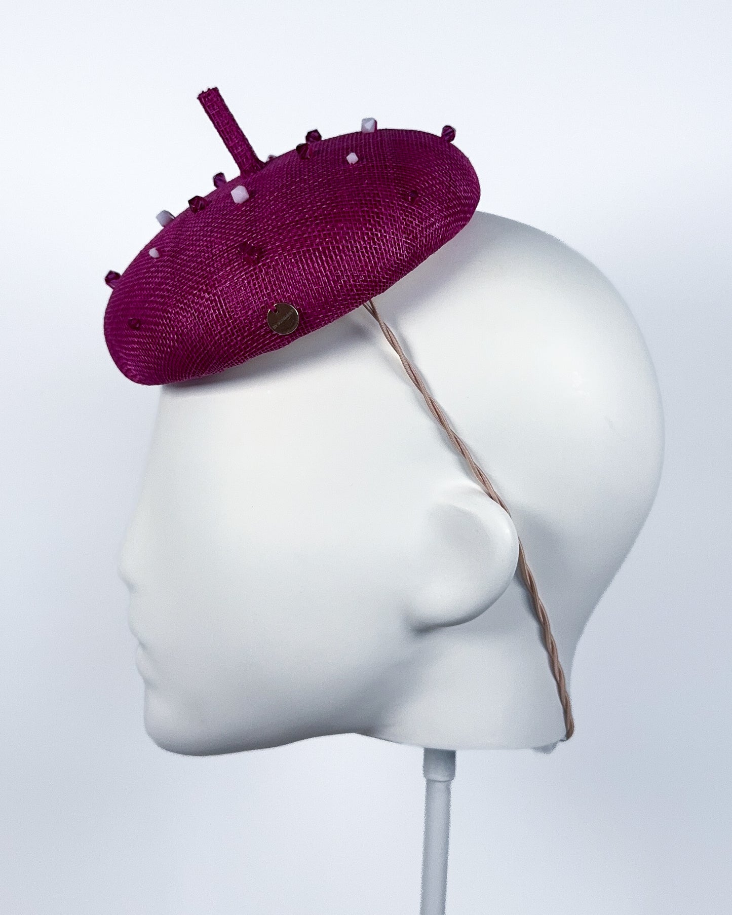 Fuchsia Pink Sinamay Button Beret with Swarovski Beading - BY⭑SHIMMER